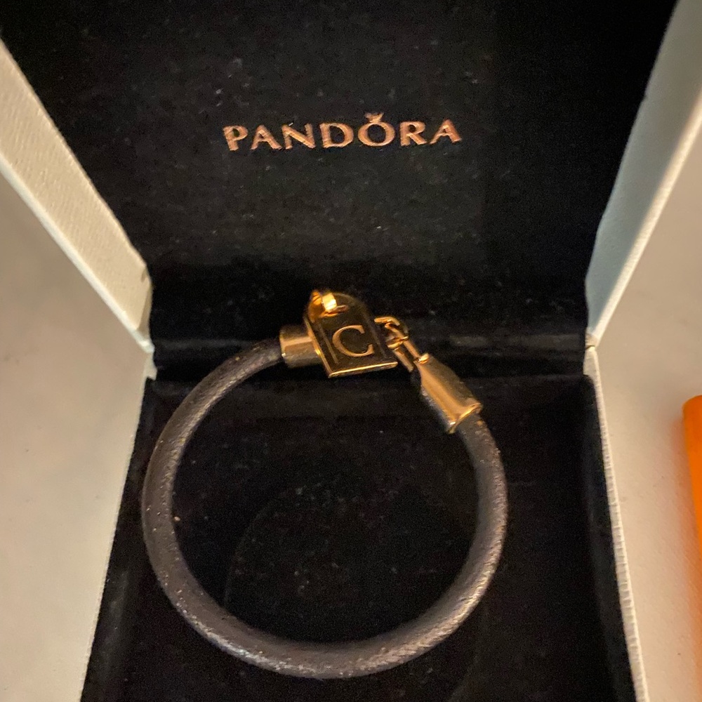 Pandora Black Leather Bracelet with Gold Clasp Accent